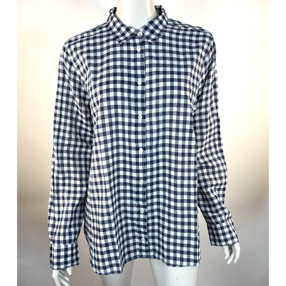 J Crew Classic-Fit Boy Shirt Women 18 EUC Crinkle Gingham Long Sleeve Navy C6086